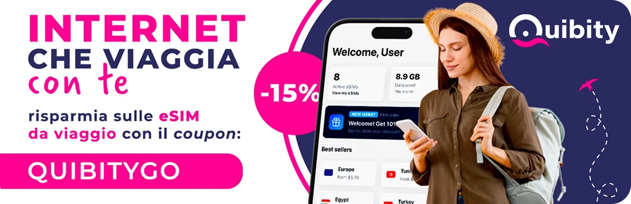 Con ParkinGO e Quibity hai subito uno sconto del 15% sulla esim per il tuo prossimo viaggio