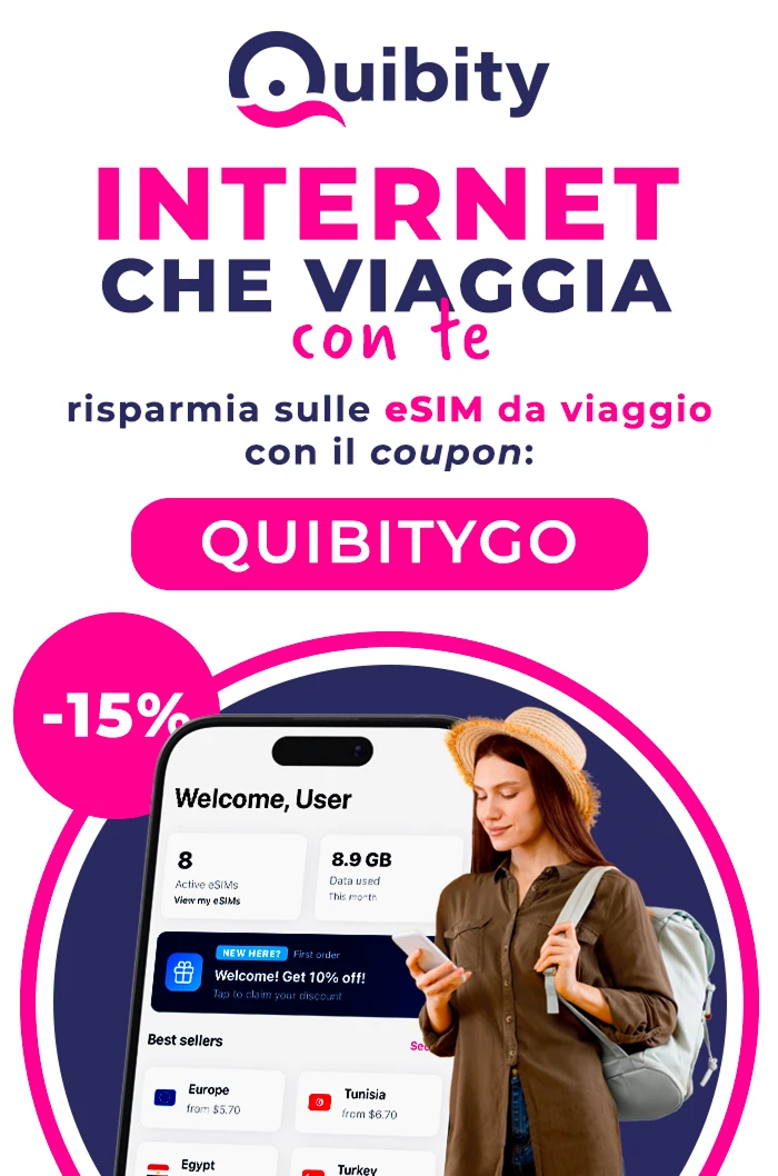 Con ParkinGO e Quibity hai subito uno sconto del 15% sulla esim per il tuo prossimo viaggio