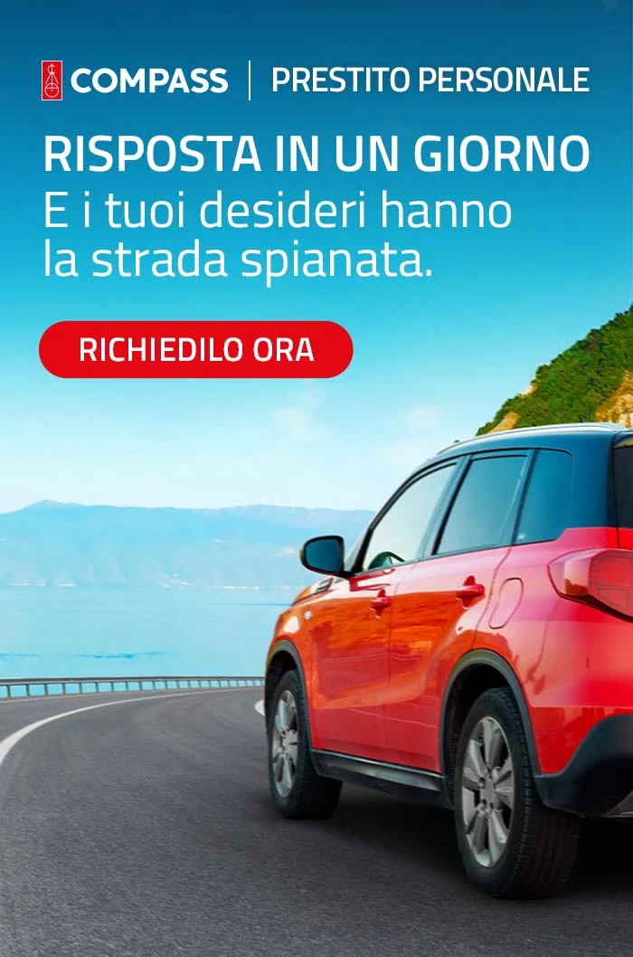 Banner Compass Prestito Personale con auto rossa su strada costiera