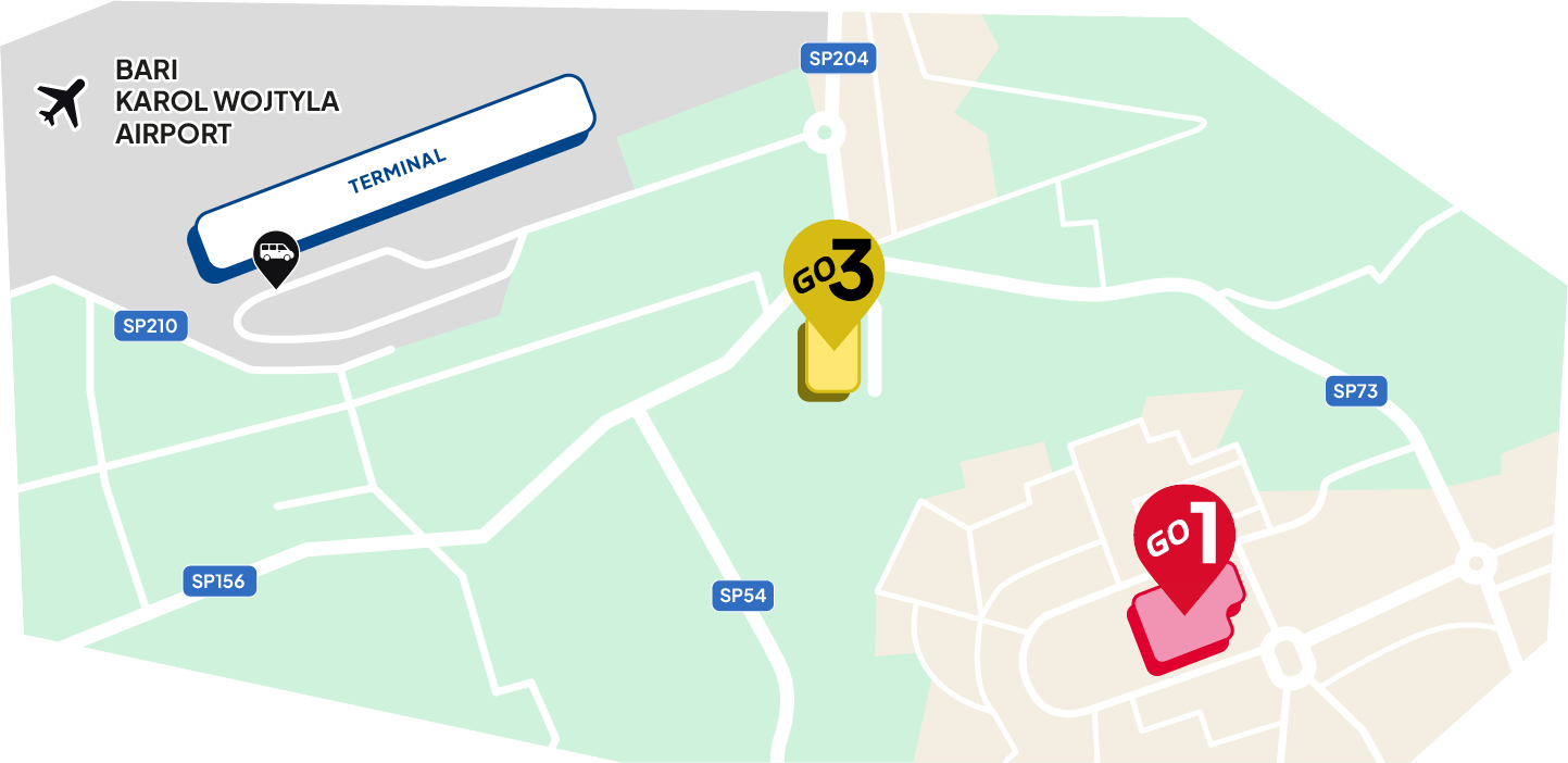 ParkinGO Bari Airport parking map: GO1 and GO3 solutions for BRI