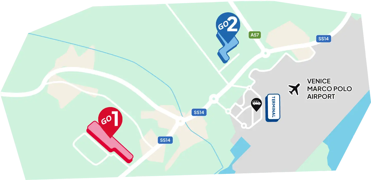 Mapa logístico dos estacionamentos ParkinGO Veneza: ligações rápidas pela Via Triestina para VCE