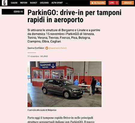 Articolo ParkinGO Drive in per tamponi in aeroporto su Gazzetta dello sport